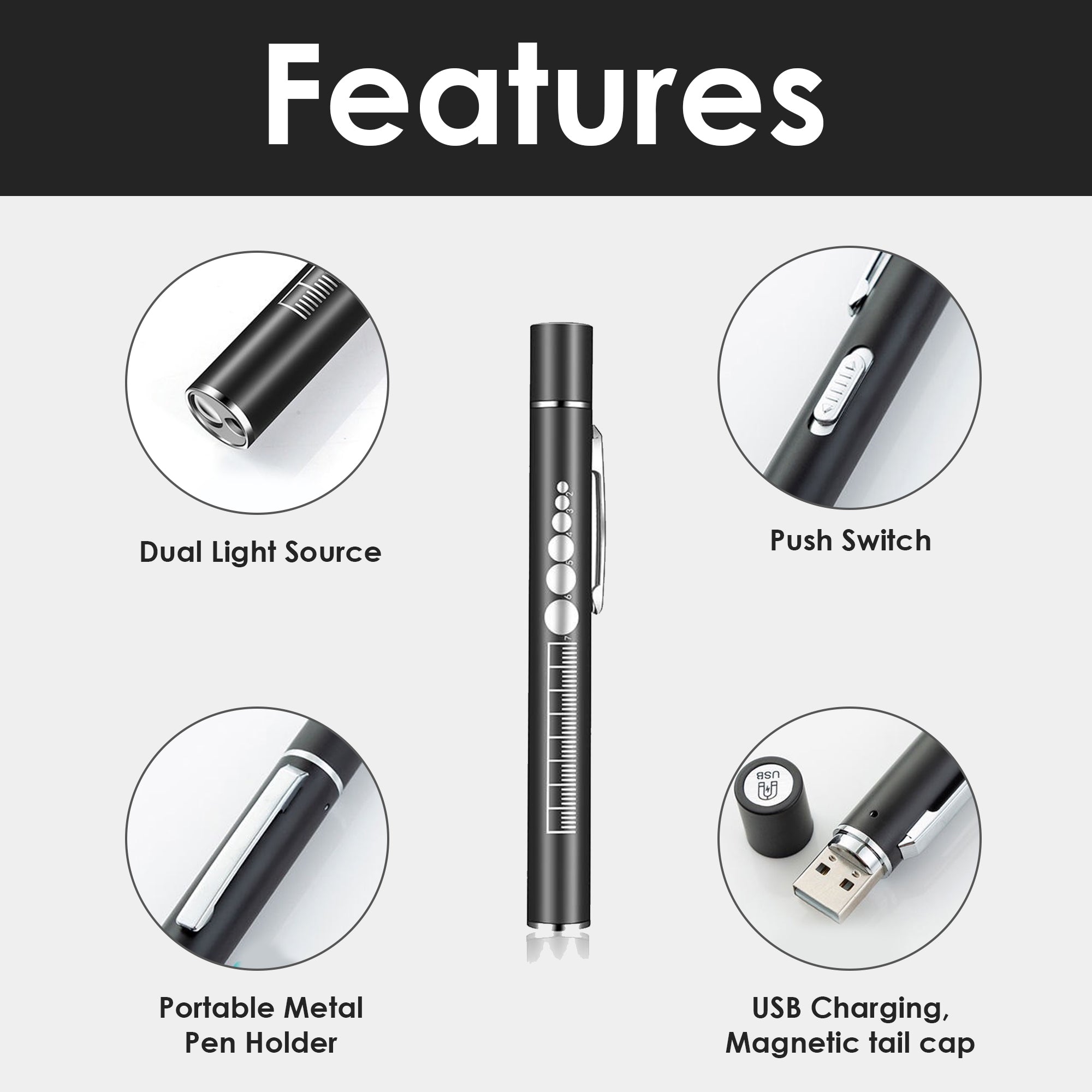 URHEALTH Pen Light | Medical LED Penlight with Pupil Gauge for Students Doctors and Nurses | USB Rechargeable | Black